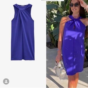Zara blue front twist knot Halter Sheath Mini Dress Sz S